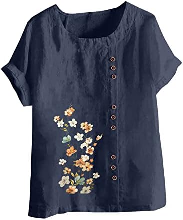 פלוס גודל כותנה חולצות פשתן נשים הדפס פרחוני על גבי כפתור שרוול קצר אופנה מזדמן צוואר צוואר גדול