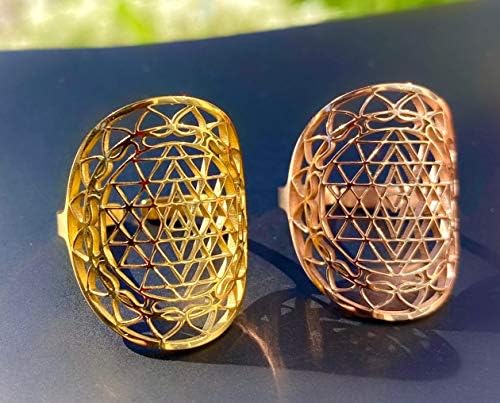 קריסטלים של Roxxy Sri Yantra טבעת גיאומטריה קדושה רוזה תכשיטי גיאומטריה קדושה זהב טבעת רוחנית למדיטציה. תכשיטים