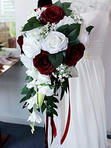 Chezmax חתונה זר כלות פרחי ורדים מלאכותיים עם סרטים פרחי מפל חבורת קישוטים