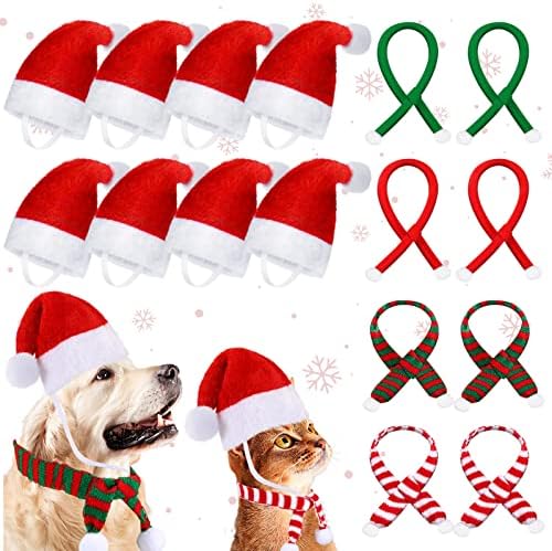 16 PCS כובע סנטה לחג המולד של PET עם צעיף סט 8 כובע כלב סנטה קטן עם רצועת סנטר מתכווננת ו -8 צעיף מיני