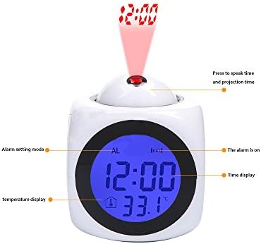 שעון מעורר הקרנה להתעורר בחדר שינה עם נתונים וטמפרטורה תצוגת פונקציה דיבורה, הקרנת קיר/תקרה LED,