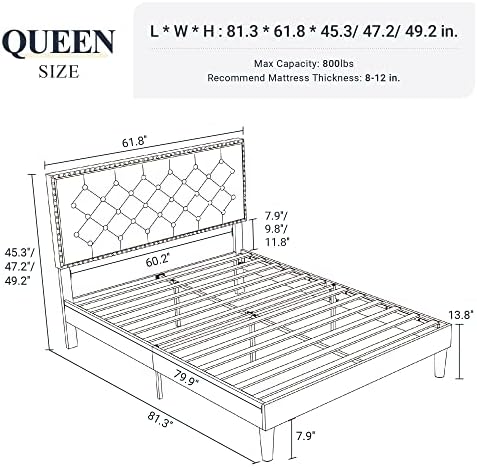 מסגרת מיטת אלווי קווין סייז, מיטת פלטפורמה מרופדת קטיפה עם כפתור יהלום מתכוונן מצופה וראש ראש לקצץ, תמיכת