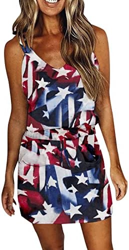 4 ביולי שמלות לנשים קיץ ארה ב דגל טנק שמלה עם כיסים המותניים אלסטי שרוולים צווארון מיני שמלות קיץ