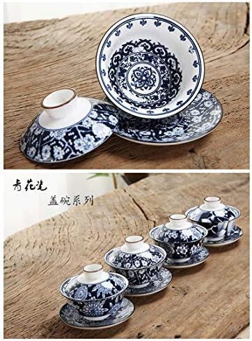 סט כוסות תה, QMFive, סינית מסורתית מסורתית חרסינה כחולה ולבן חרסינה Gaiwan Blue Glaze קערת תה