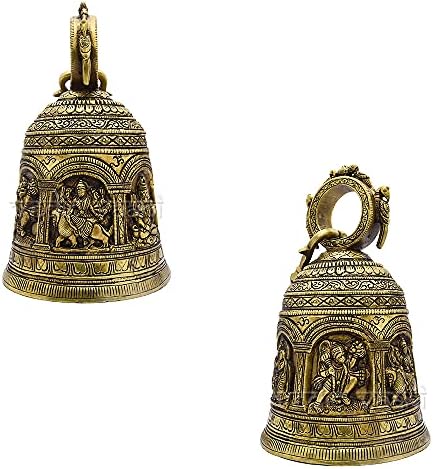 פליז וודי וואני פליז עתיק עתיק עמוק עיצוב אלוהות הינדי עיצוב מקדש מגולף תלוי פעמון