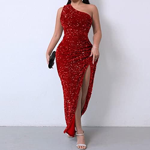 Miashui שרוול ארוך שמלות מקסי לנשים נשים חדשות אביב אופנה פאייטים אופנה כתף אחת שמלת מקסי כותנה ללא