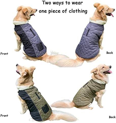 ז'קט הפיך של כלבים, מעיל חם עם רצועות מתכווננות אטומות למים רוכסן רוכסן, בגדים לכלבים בינוניים