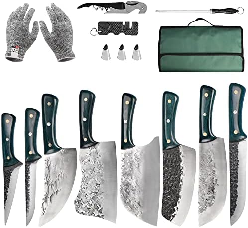 סכין קצבים ניידים 14 יחידים סט סכין סכין ירוק מעץ עם שדר סכין יד סכין שף מזויף סכין סכין פחמן גבוה סכין ויקינג